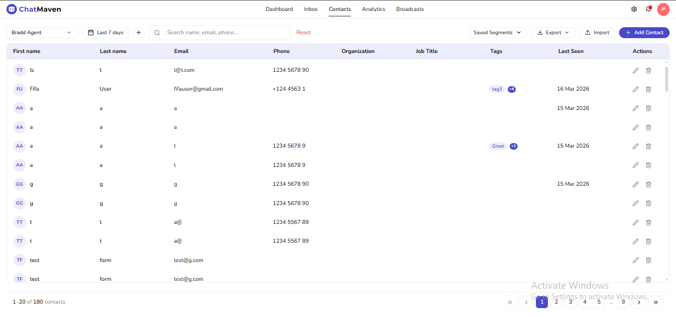 Contacts page where segments are built and applied