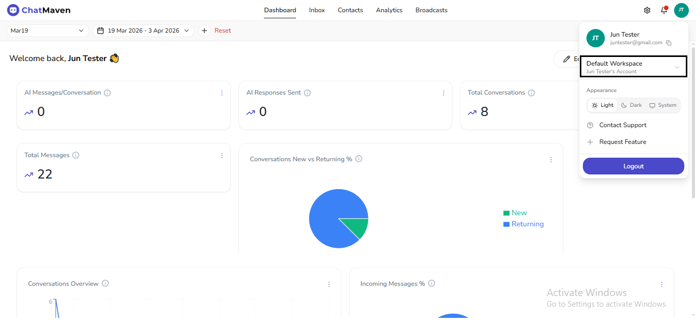 Profile menu: workspace switcher