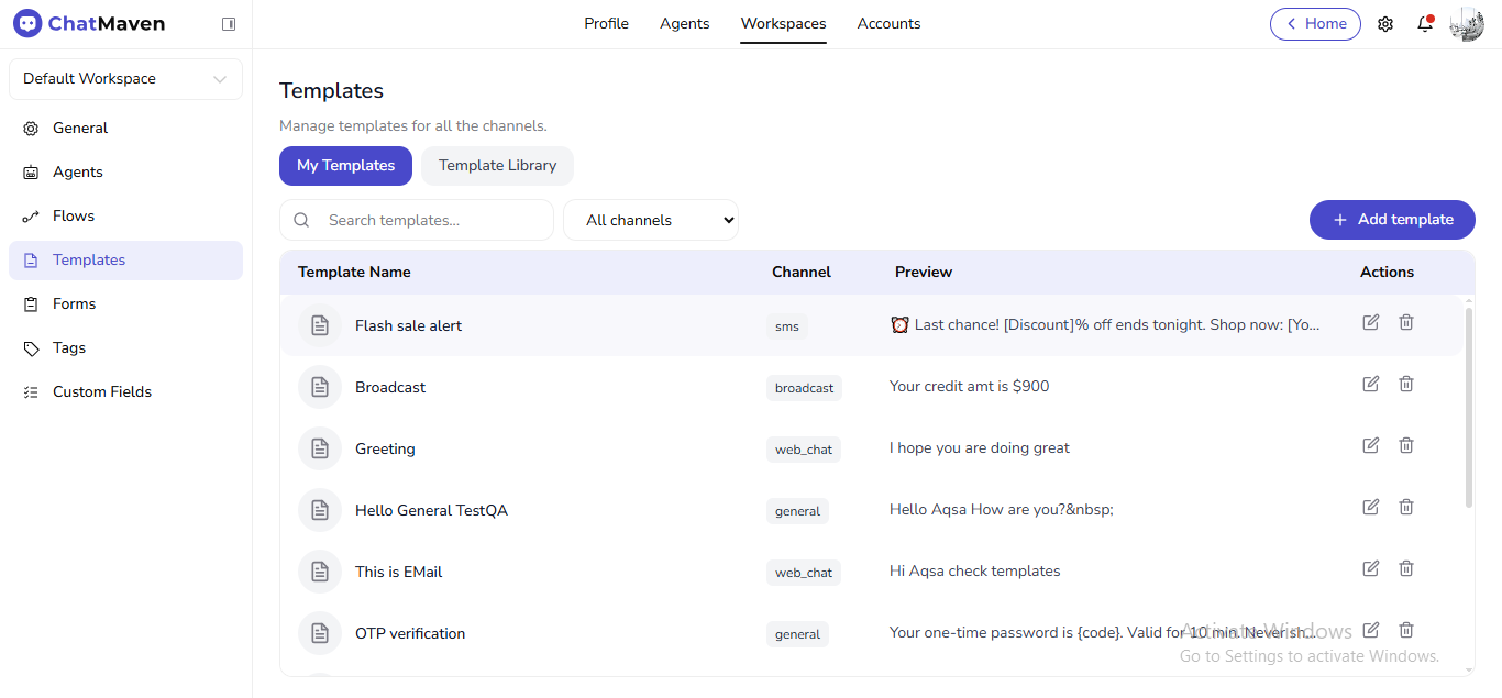 My Templates: search, channel filter, table