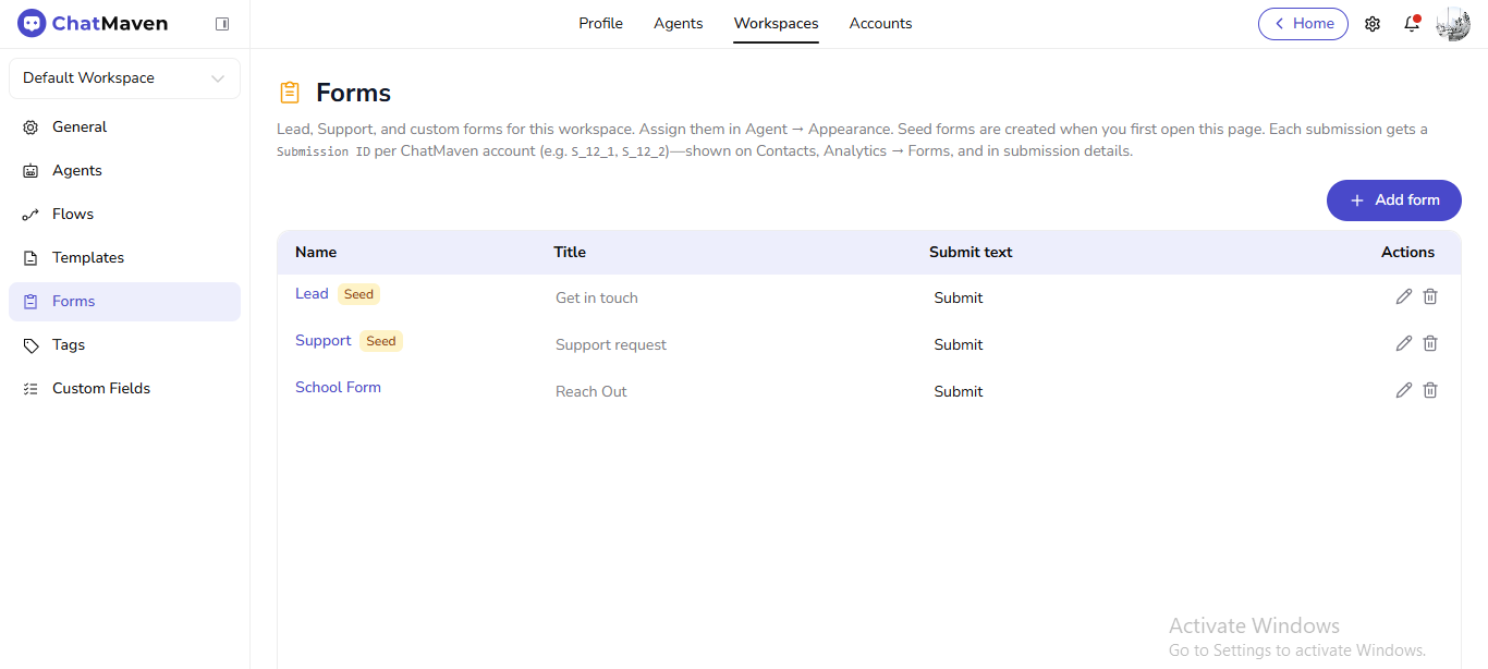 Forms page: description and table