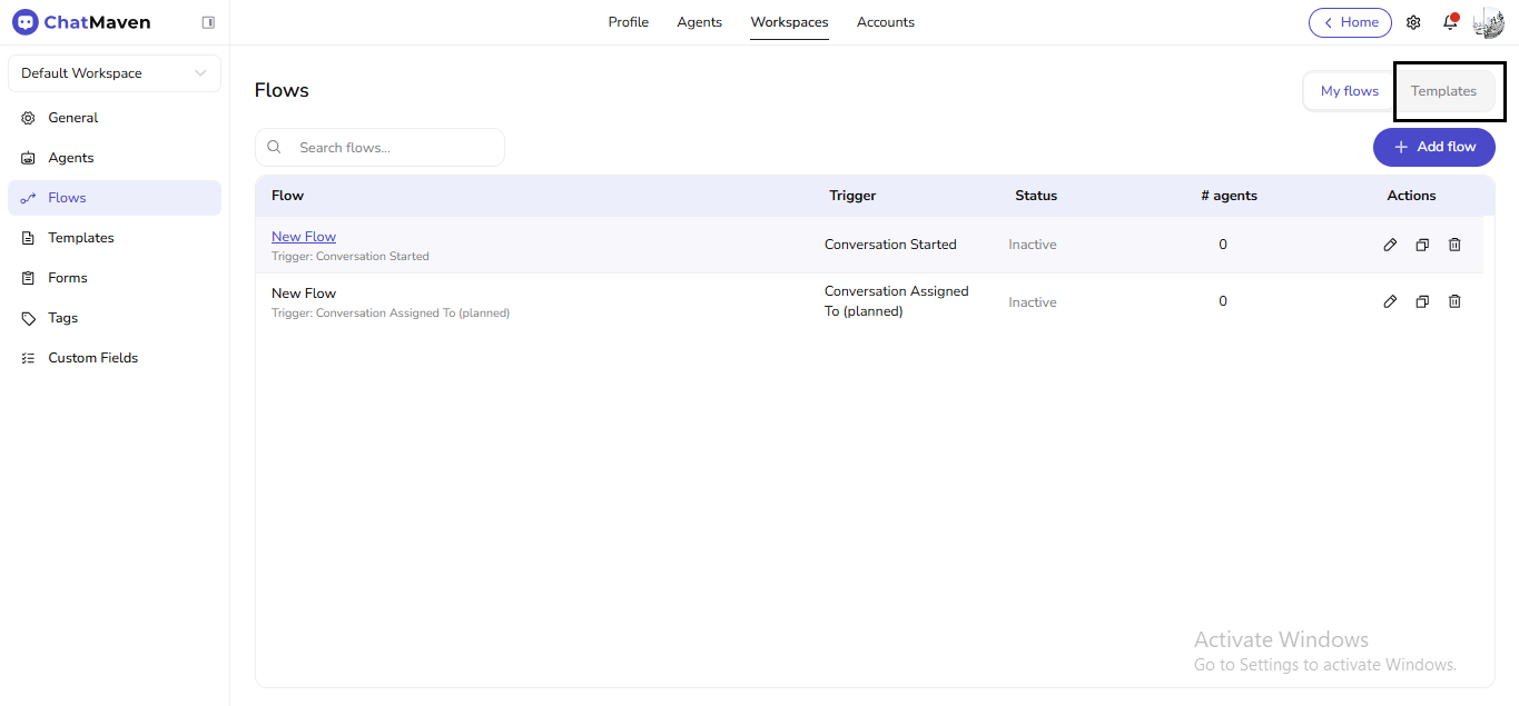 Flows list: Templates toggle