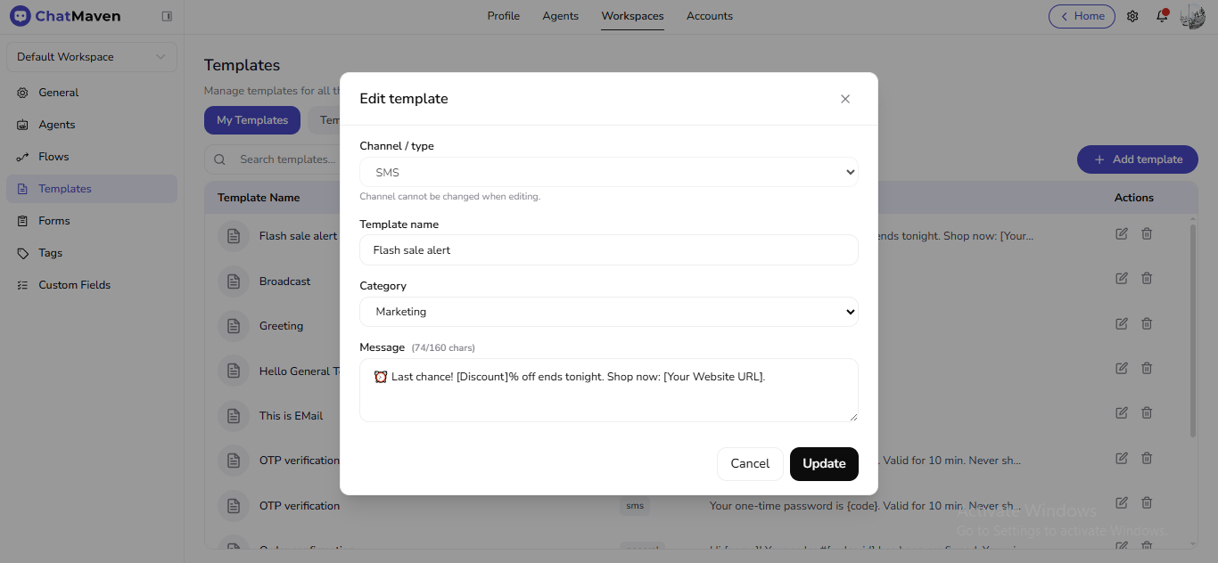 Edit template modal with Update