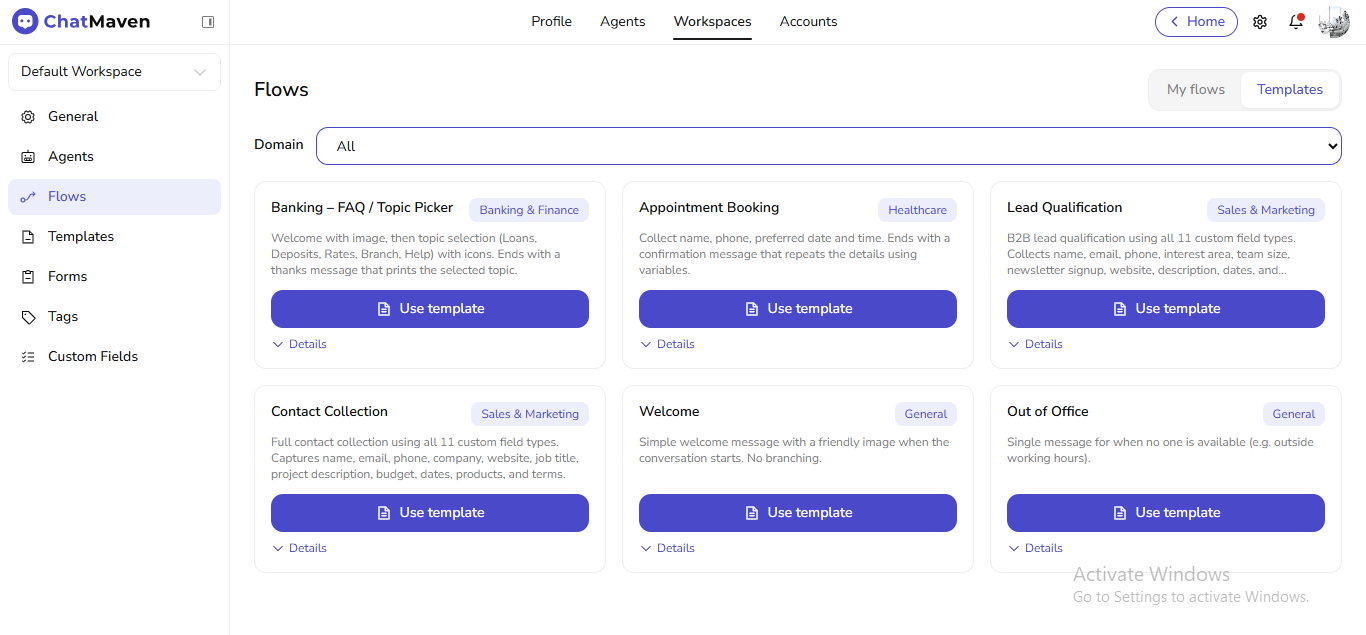 Flows Templates tab: domain filter and template cards
