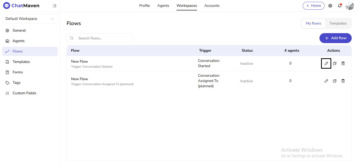 Edit flow from the Actions column