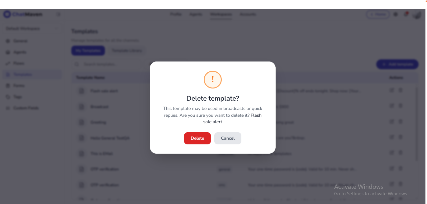Delete template confirmation