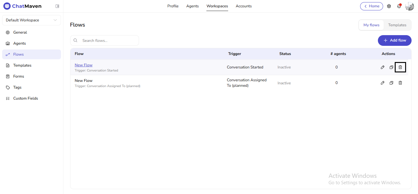 Delete flow from the Actions column