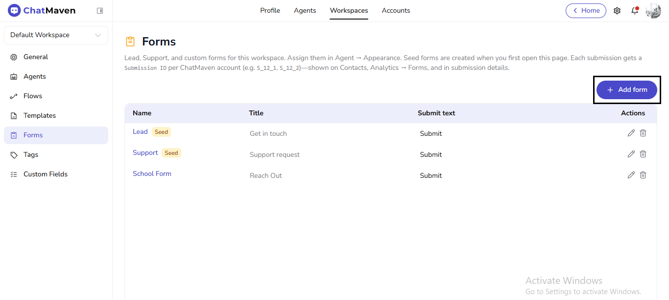 Forms table with Seed rows and Actions