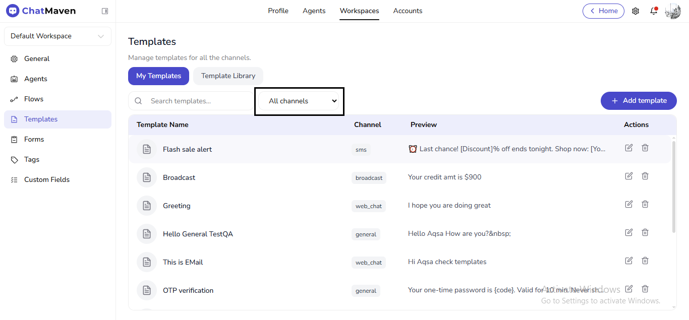 Channel filter and Add template