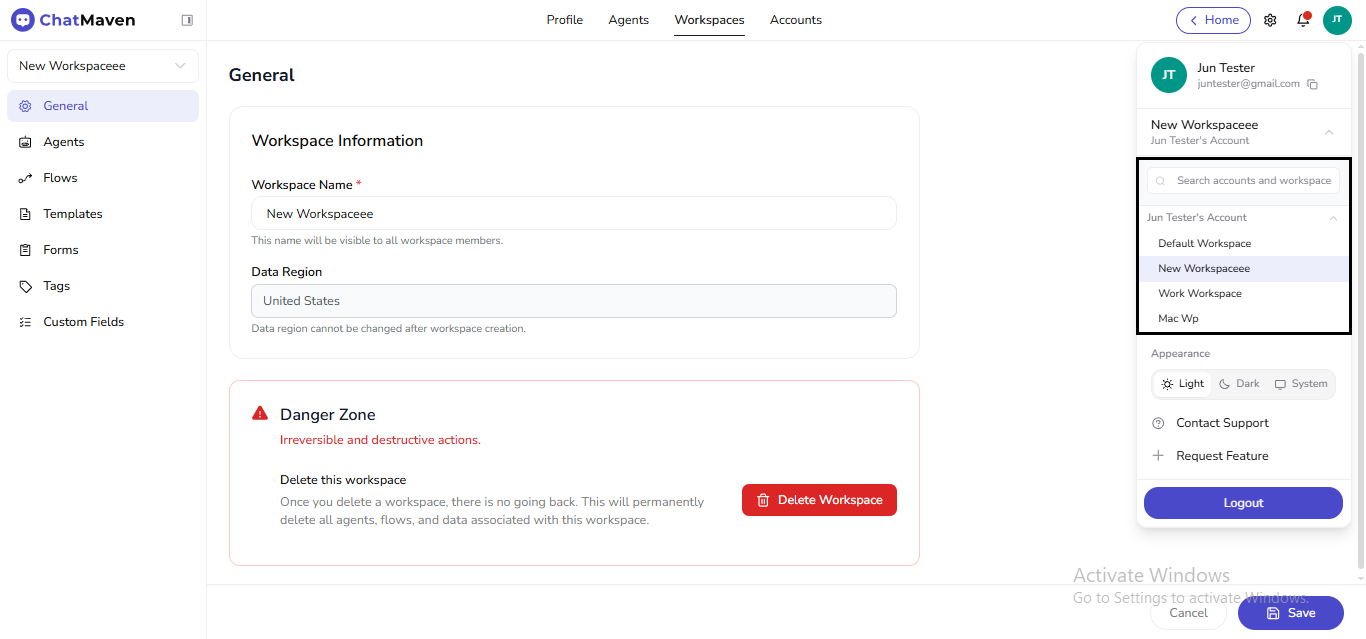 Search workspaces in profile menu