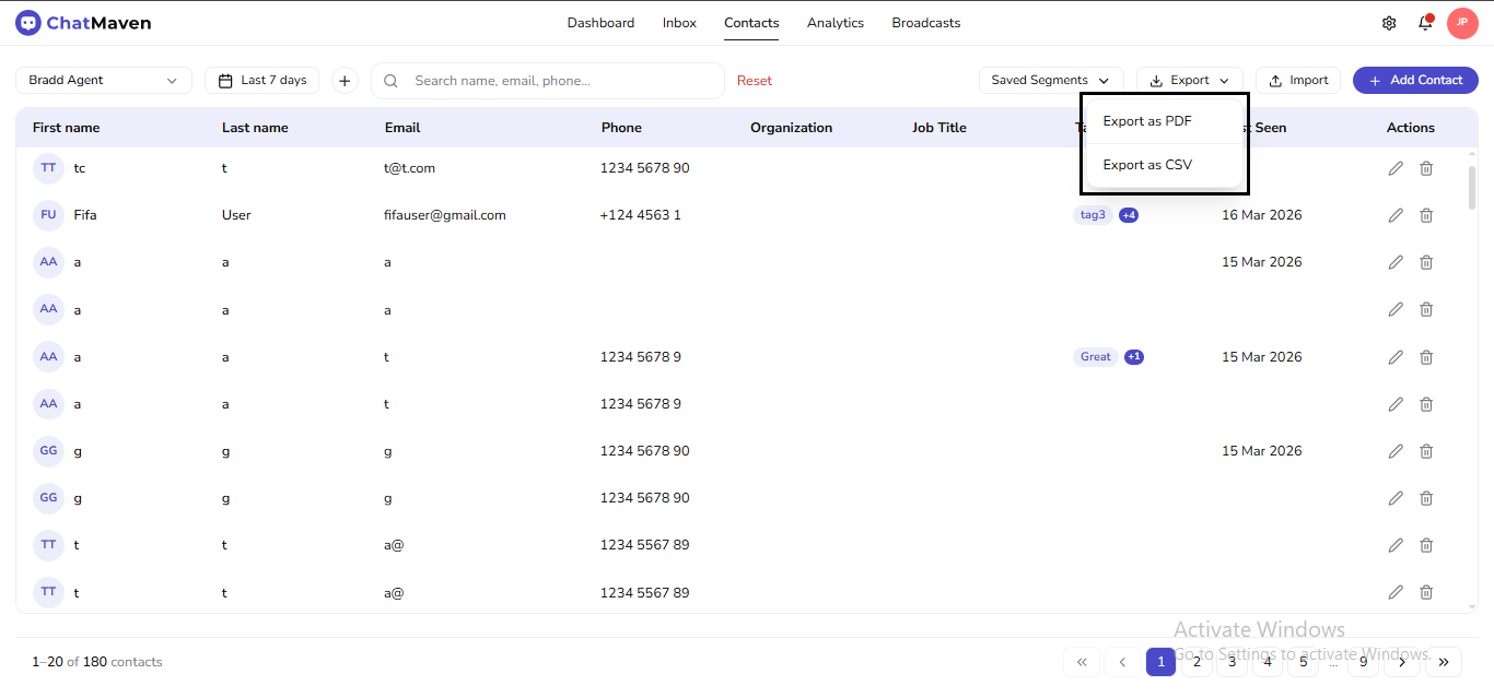 Export menu: PDF and CSV (outlined)