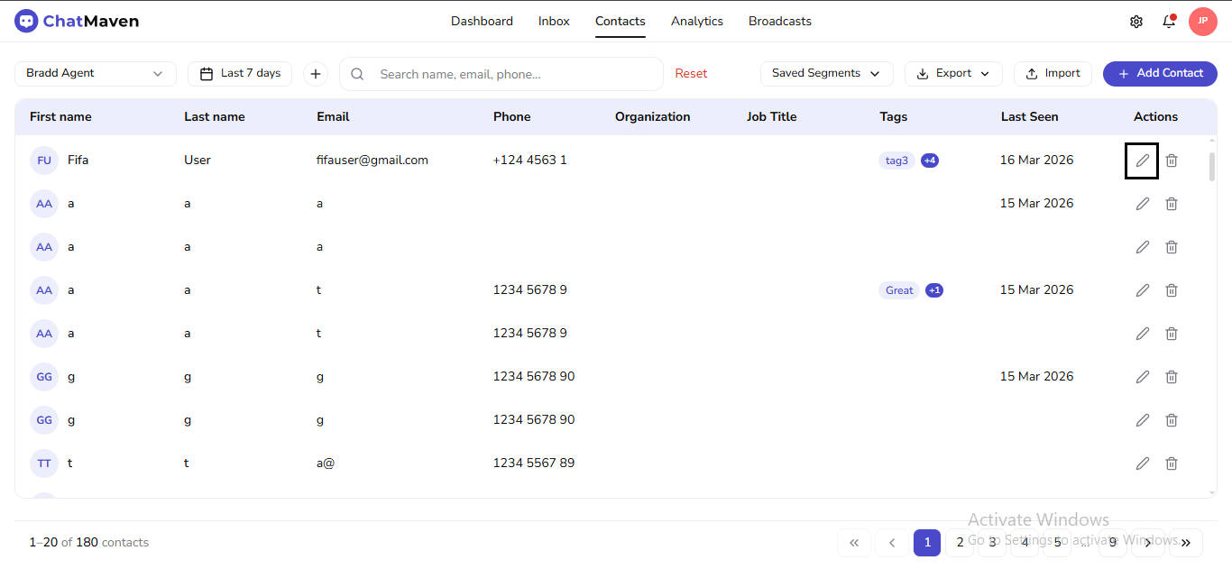 Row Edit (pencil) opens the contact editor (outlined)