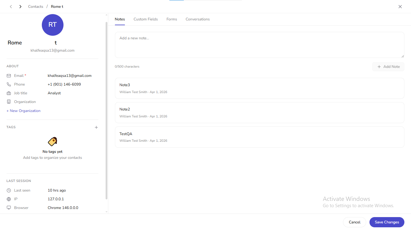 Contact editor: left profile column, Notes tab, Save Changes / Cancel