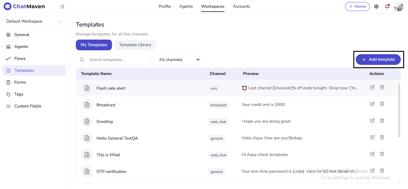 Add template highlighted on the toolbar