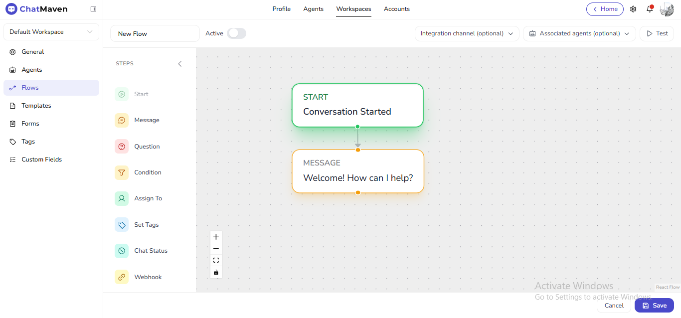 Flow builder: name, Active toggle, steps palette, canvas