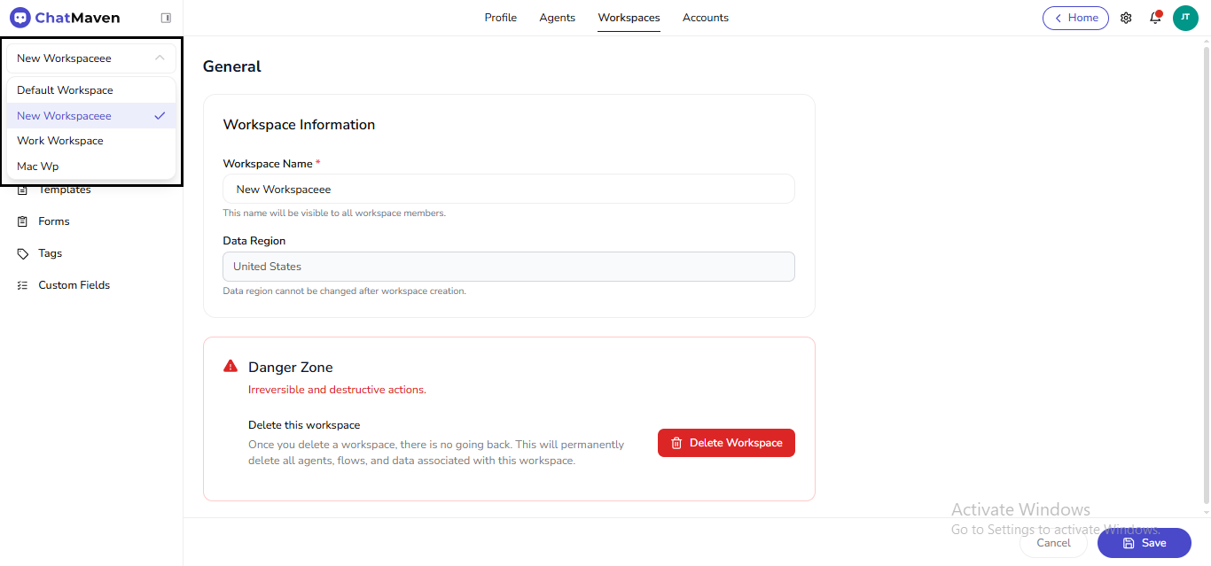 Sidebar workspace dropdown