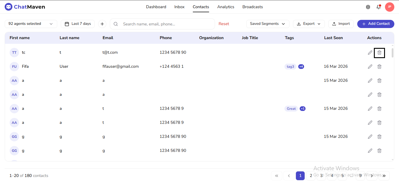 Row Delete (trash) in Actions (outlined)