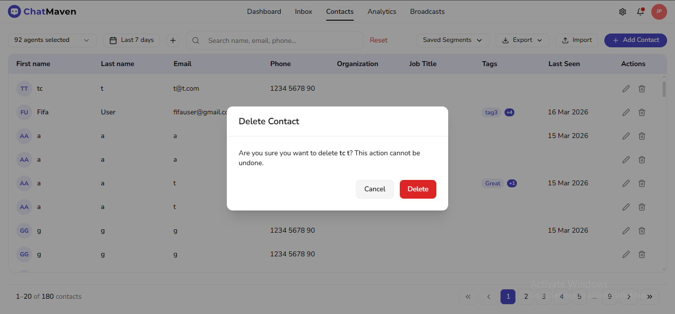 Example Delete Contact confirmation (Cancel / Delete)
