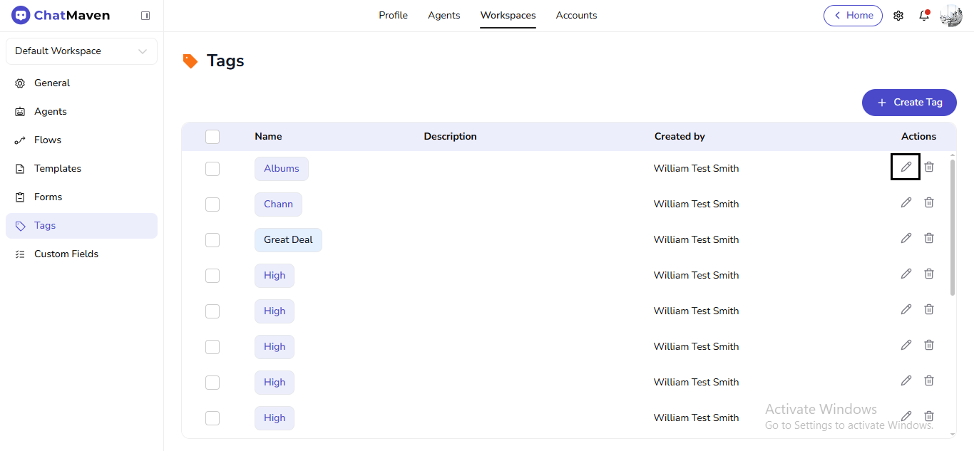 Edit icon on a tag row