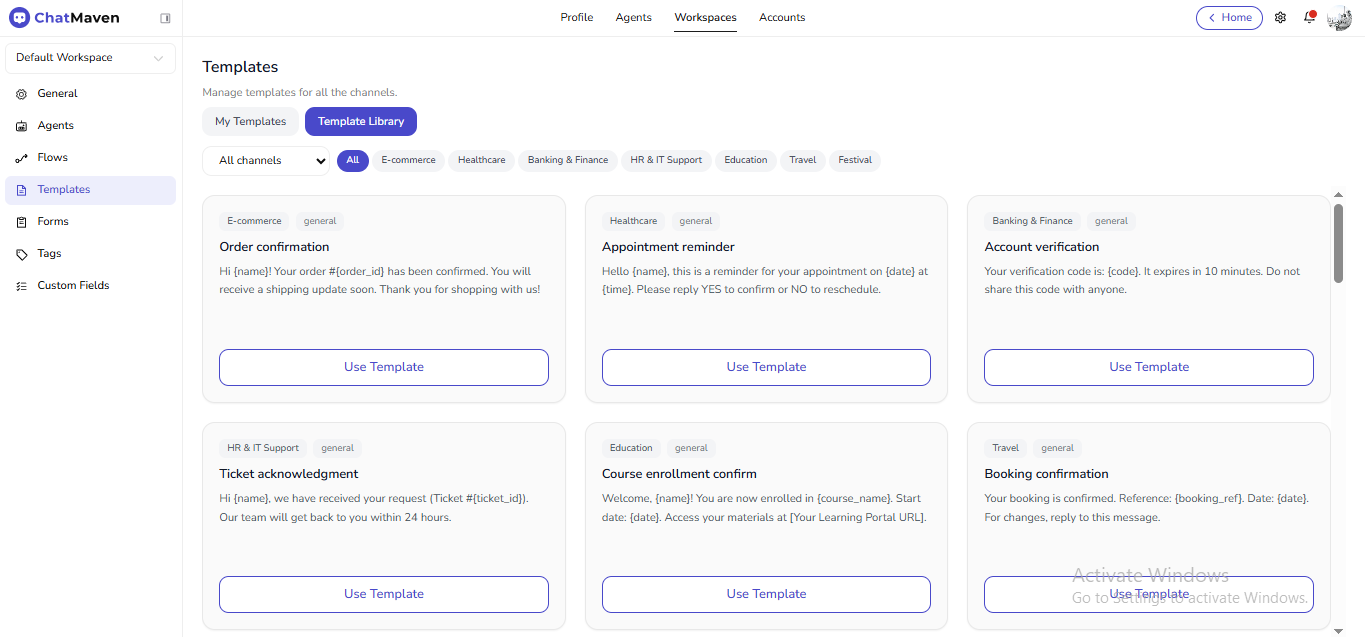 Library grid with category filters