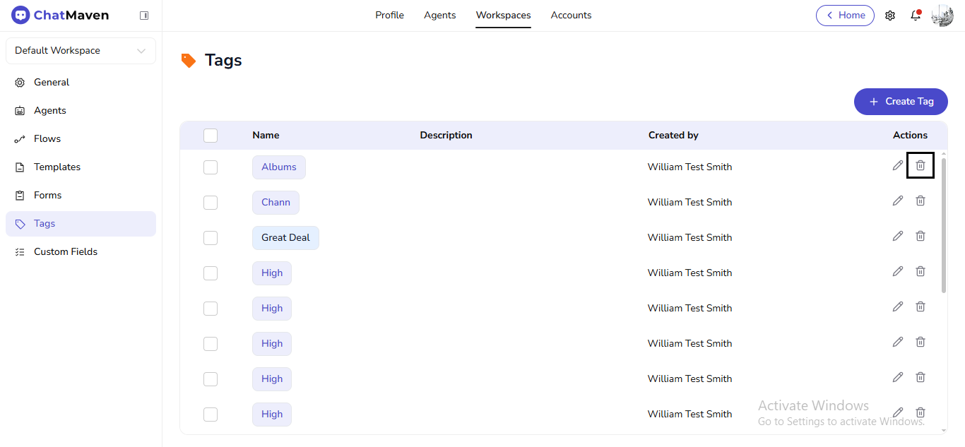 Delete icon on a tag row