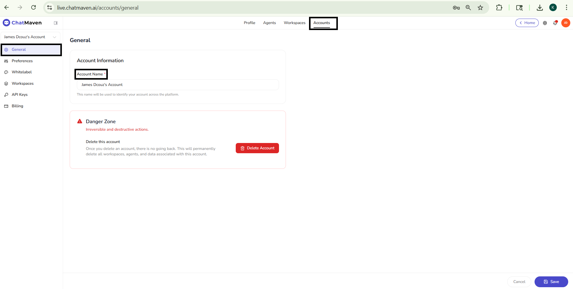 Accounts General settings: Account Information and Danger Zone