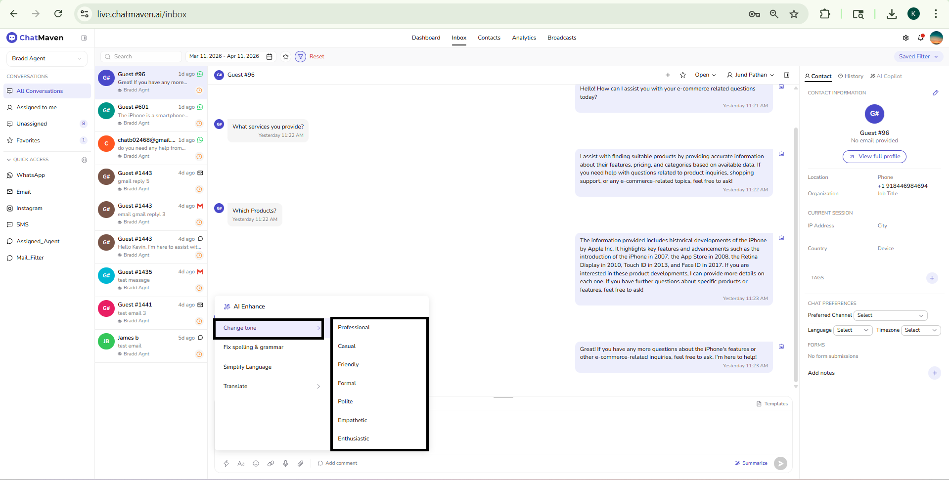 AI Enhance menu open from the message composer