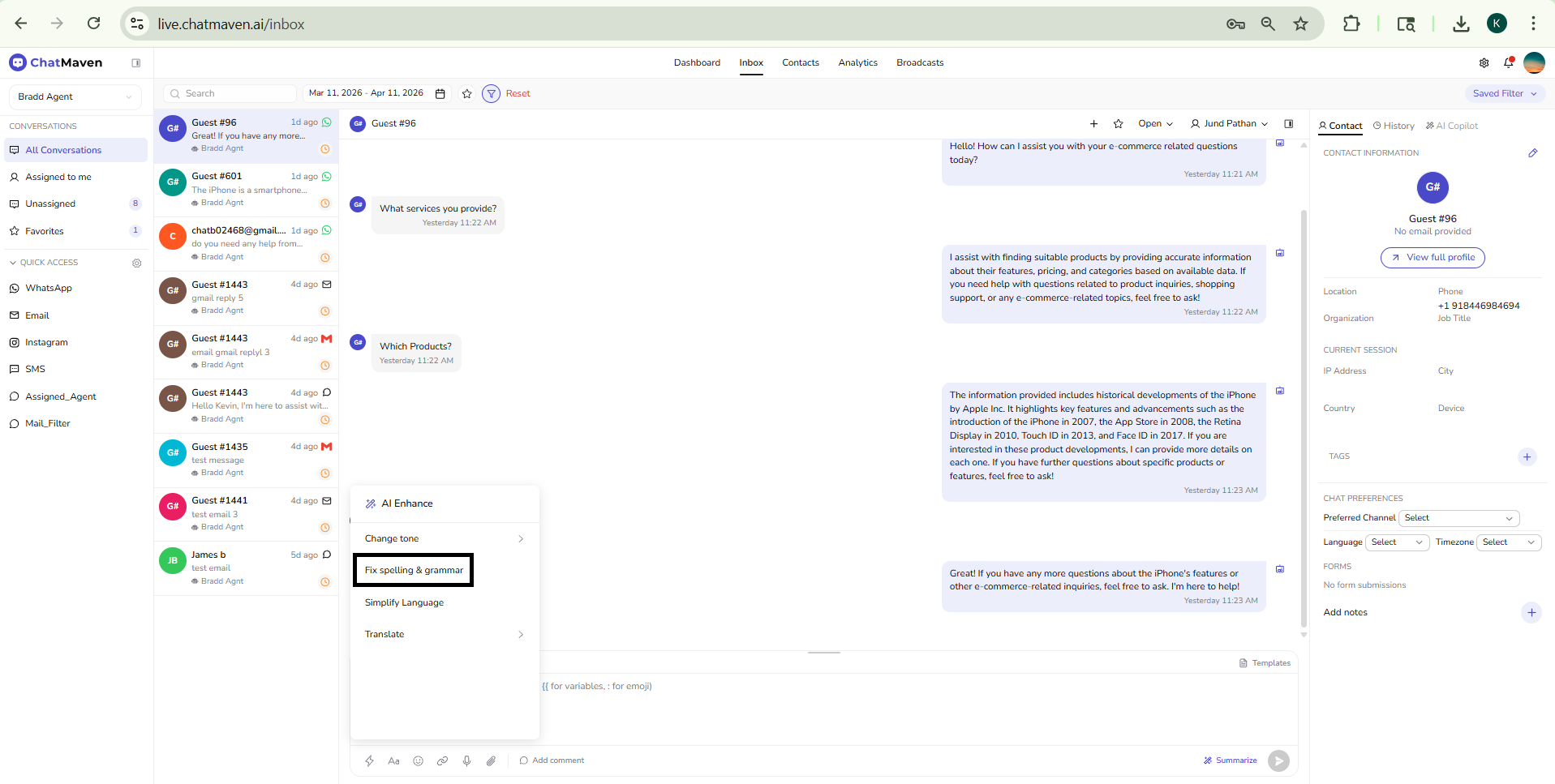 AI Enhance menu open from the message composer