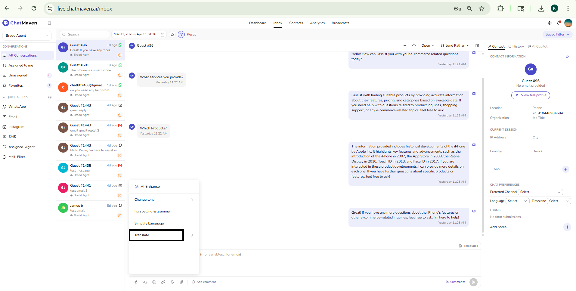 AI Enhance menu open from the message composer