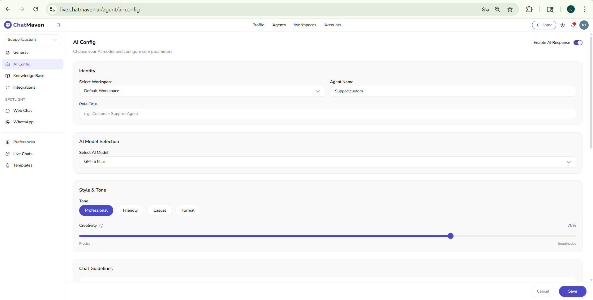 AI Config page showing identity, model, tone, and creativity
