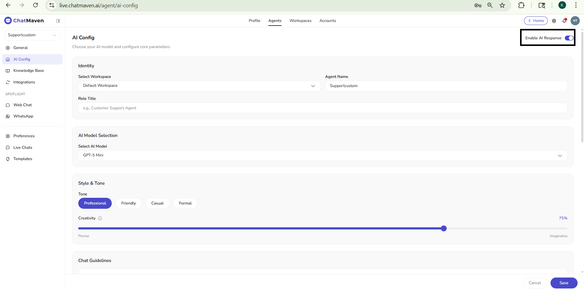 AI Config page showing identity, model, tone, and creativity