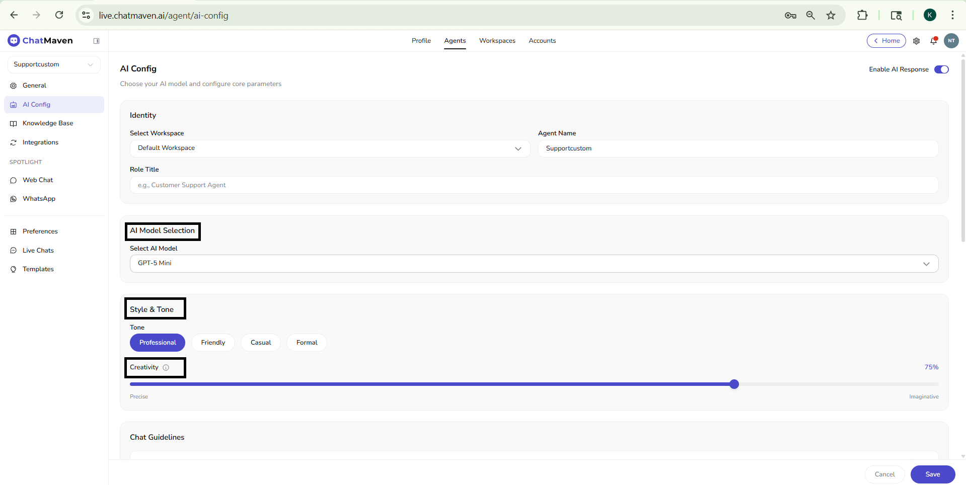 AI Config page showing identity, model, tone, and creativity