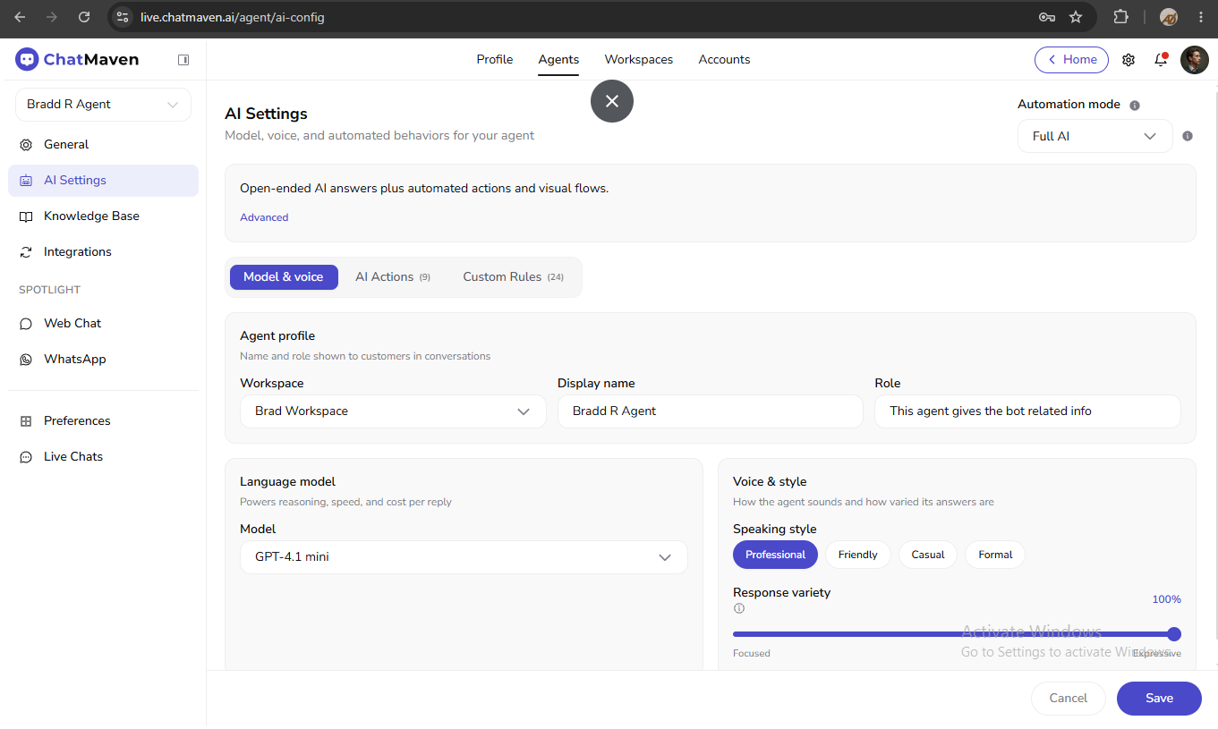 AI Settings Model and voice tab showing agent profile, language model, and voice and style