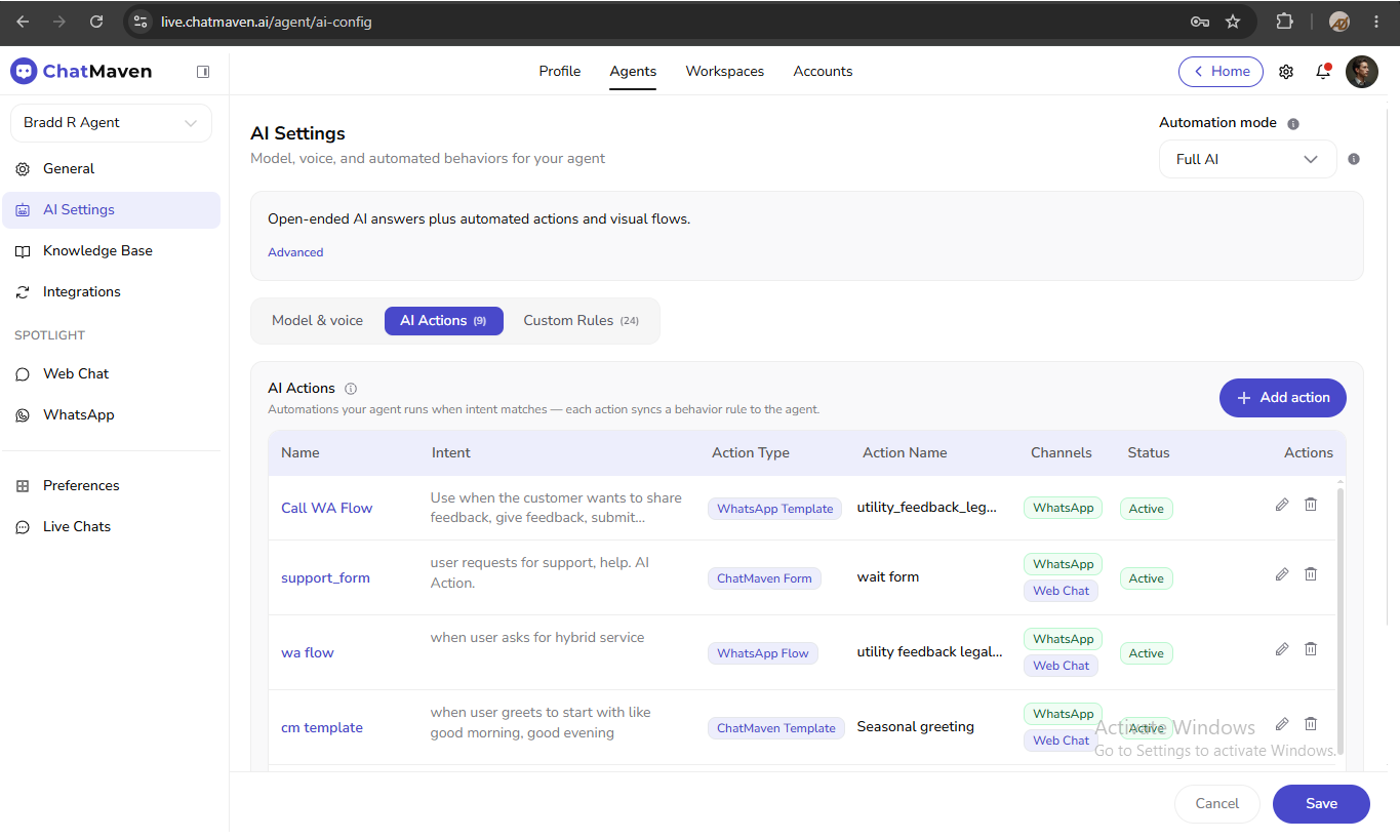 AI Settings AI Actions tab showing the actions table with Name, Intent, Action Type, Channels, and Status