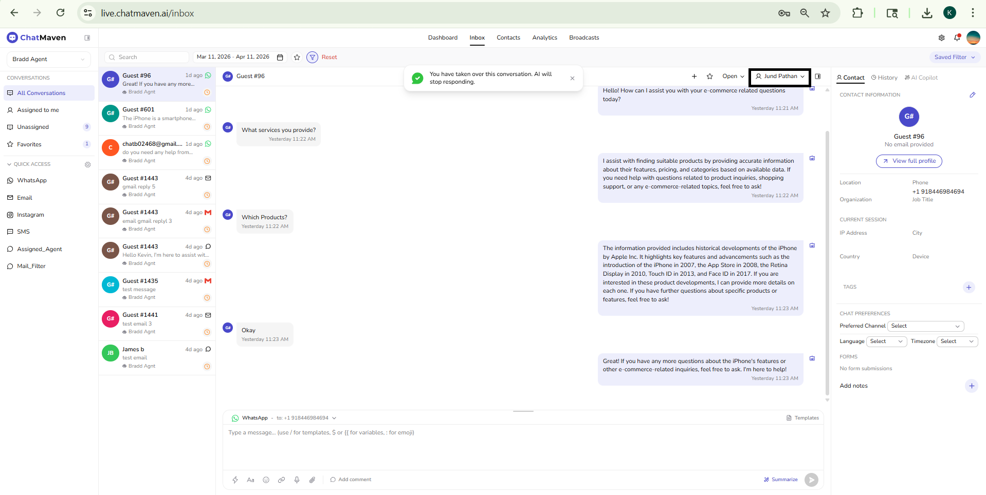 Assign conversation to: member search, team list, Open status in the header, and Takeover banner when another teammate owns the thread