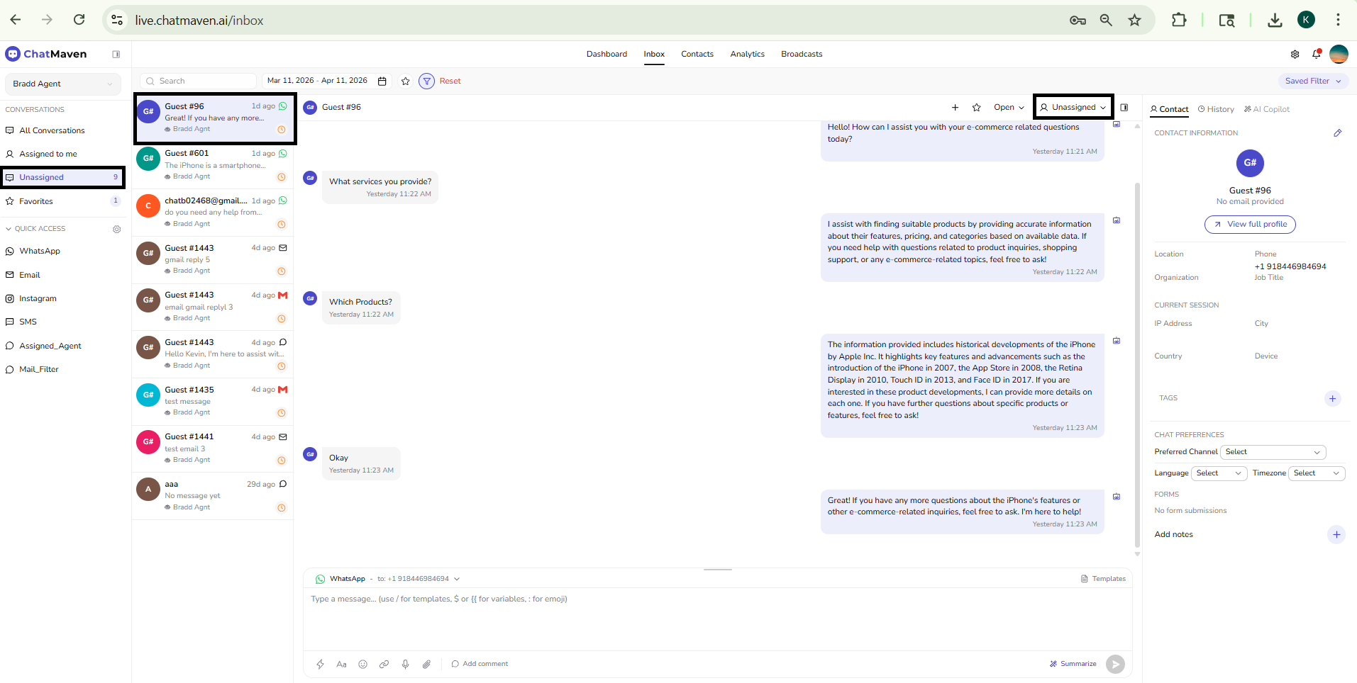 Assign conversation to: member search, team list, Open status in the header, and Takeover banner when another teammate owns the thread