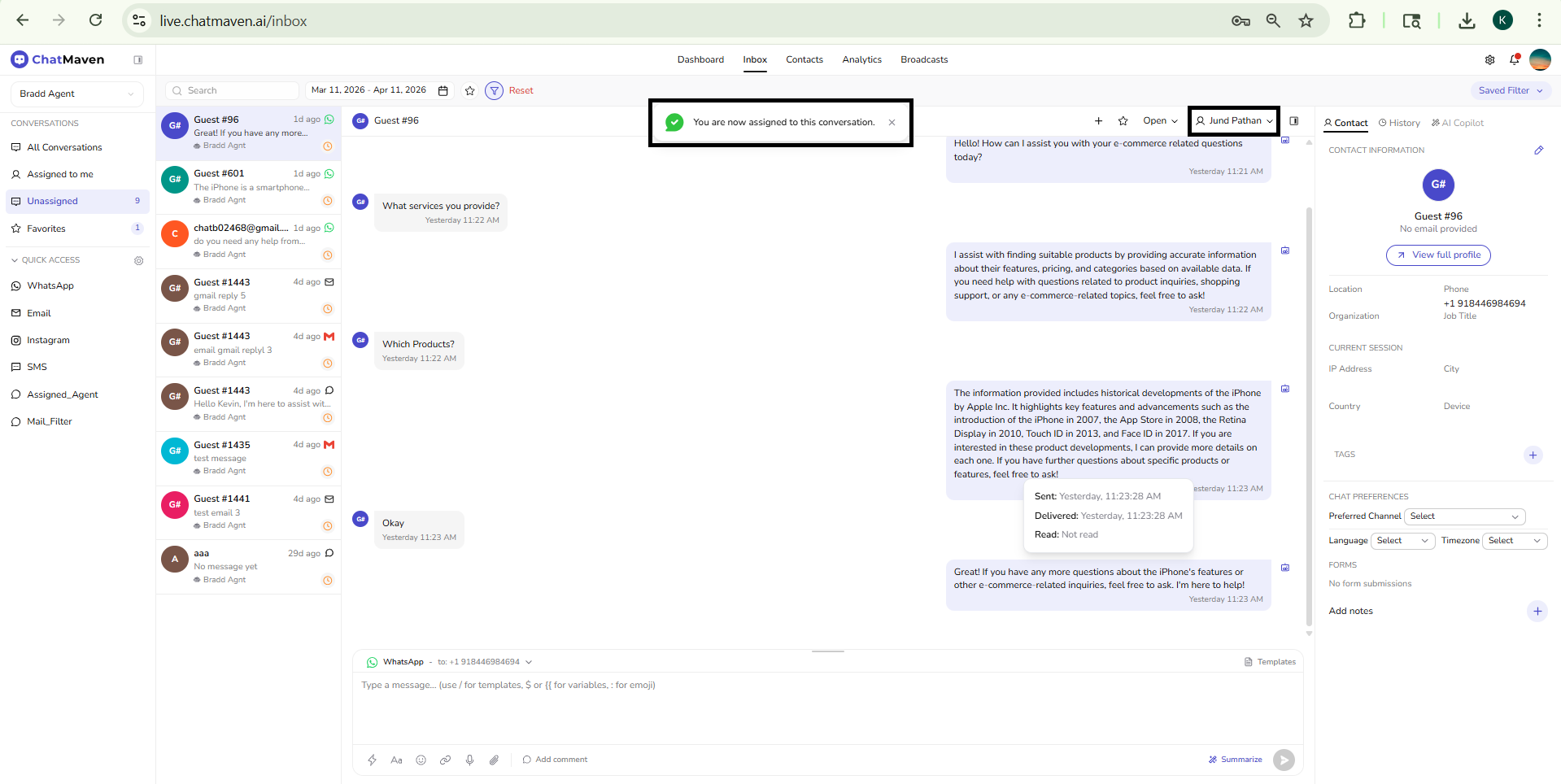 Assign conversation to: member search, team list, Open status in the header, and Takeover banner when another teammate owns the thread
