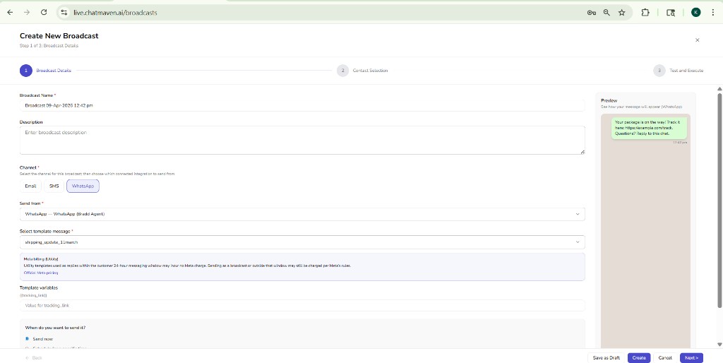 Create New Broadcast — Step 1: Broadcast Details
