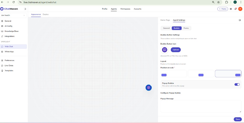 Web Chat Agent Settings Bubble — icon upload, position, popup message