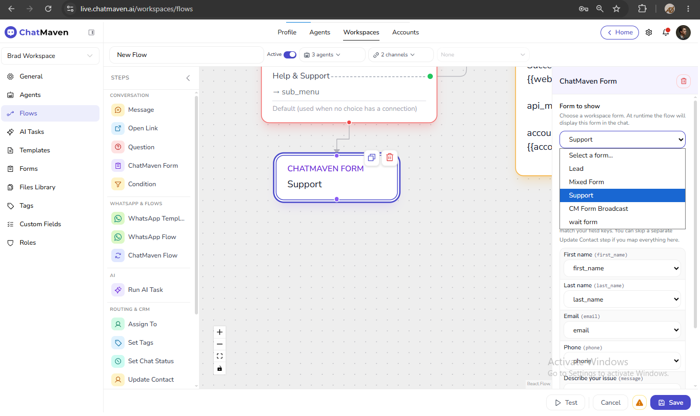 ChatMaven Form step — select a workspace form