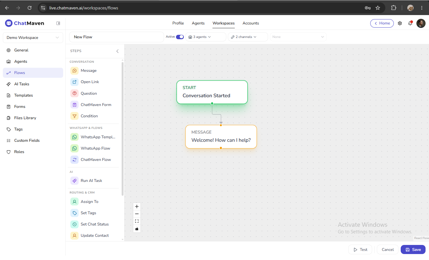 Example flow canvas with connected steps