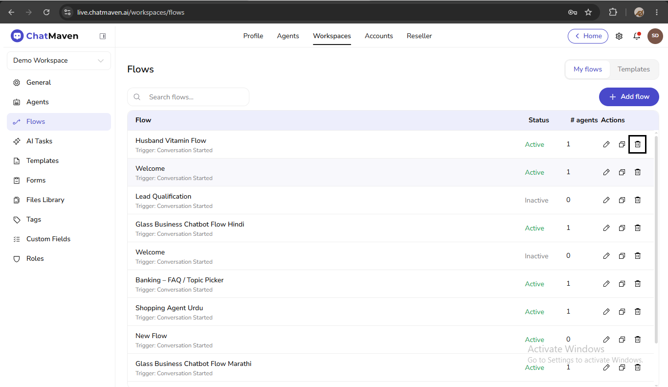 Delete flow from the Actions column