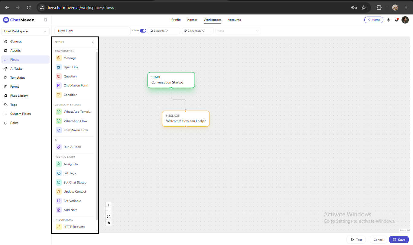 Flow builder with STEPS palette