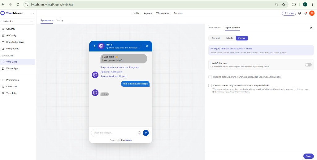 Web Chat Agent Settings Forms — lead collection and contact options