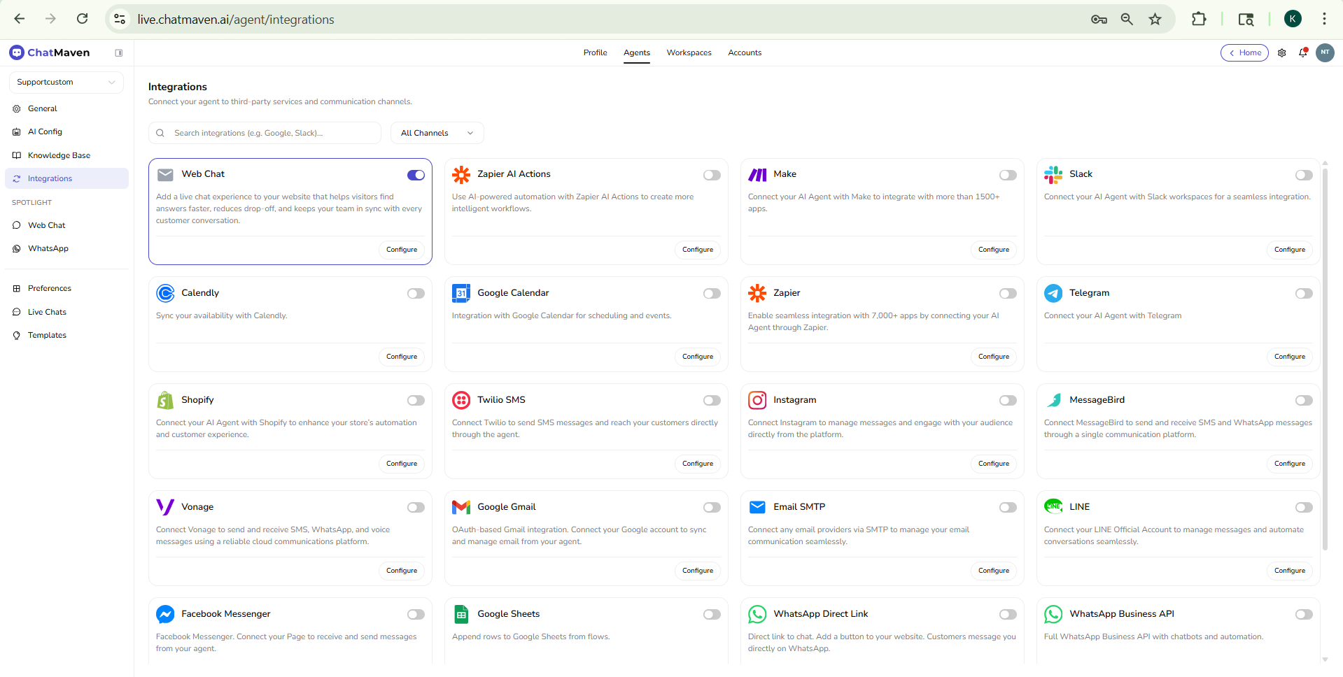 Integrations page with search, channel filter, and integration cards