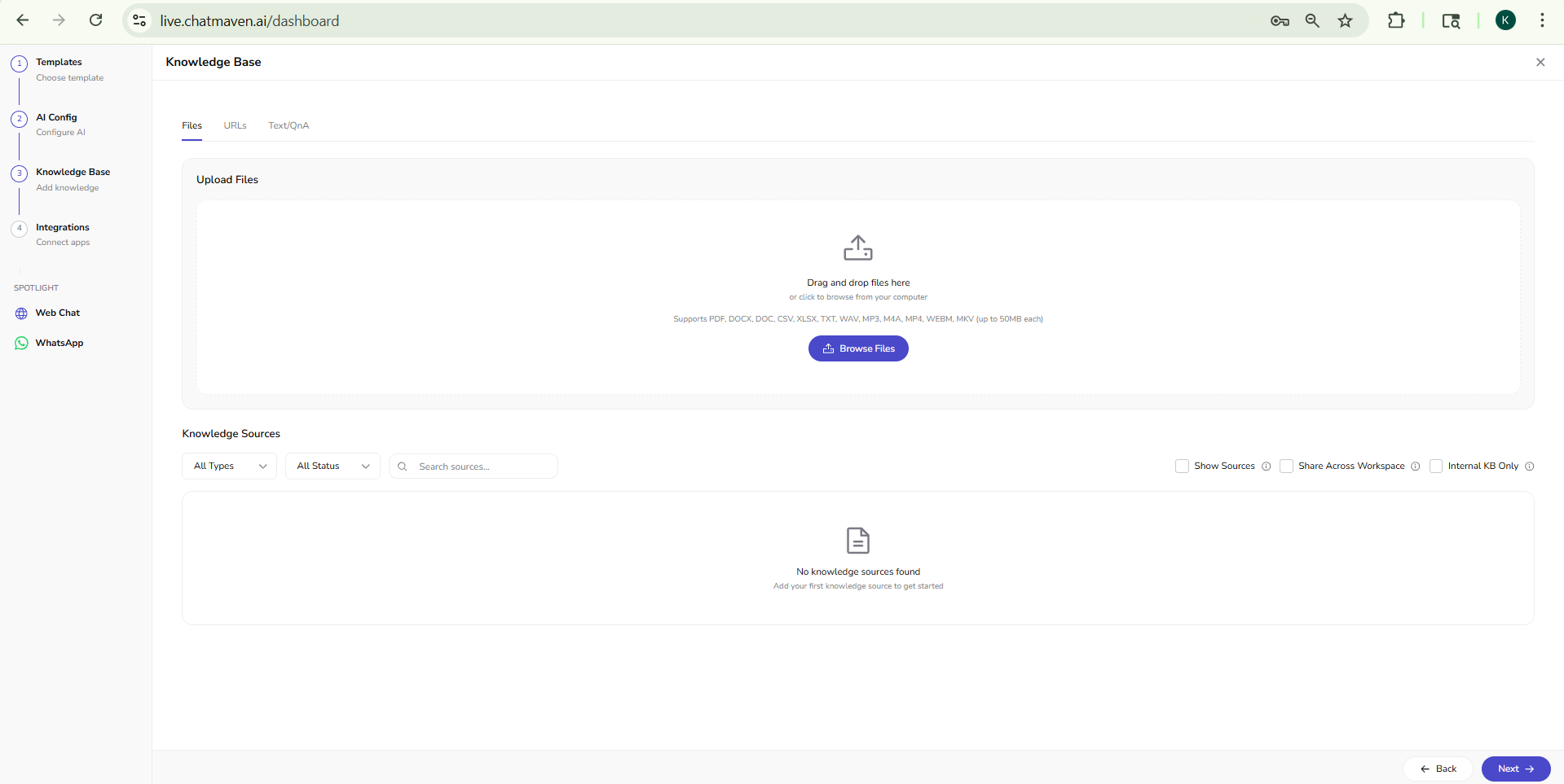 Knowledge Base Files tab with drag-and-drop zone and Browse Files
