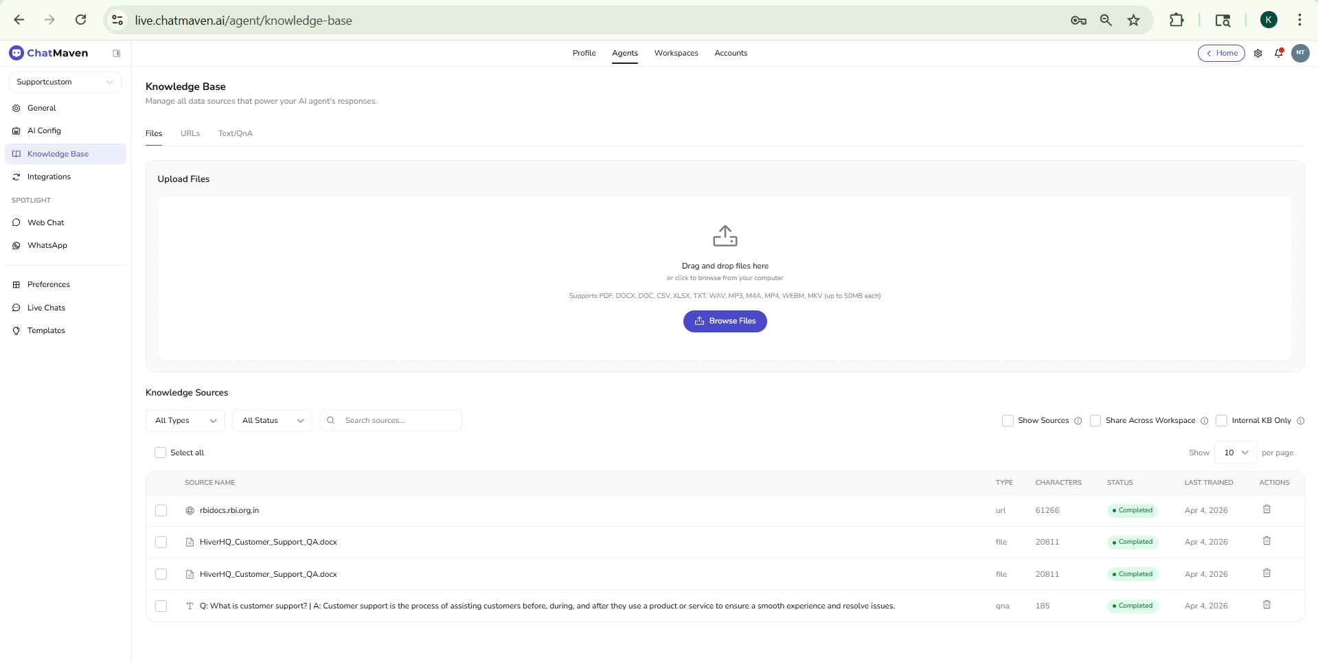 Knowledge Base Files tab with drag-and-drop zone and Browse Files