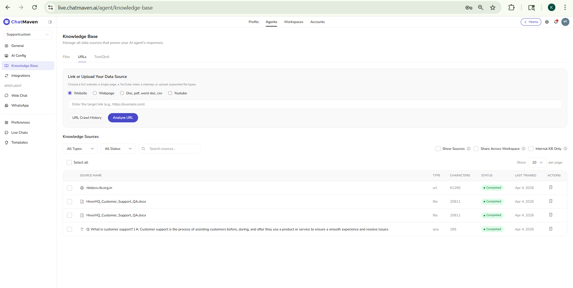 Knowledge Base URLs tab with source type options and Analyze URL