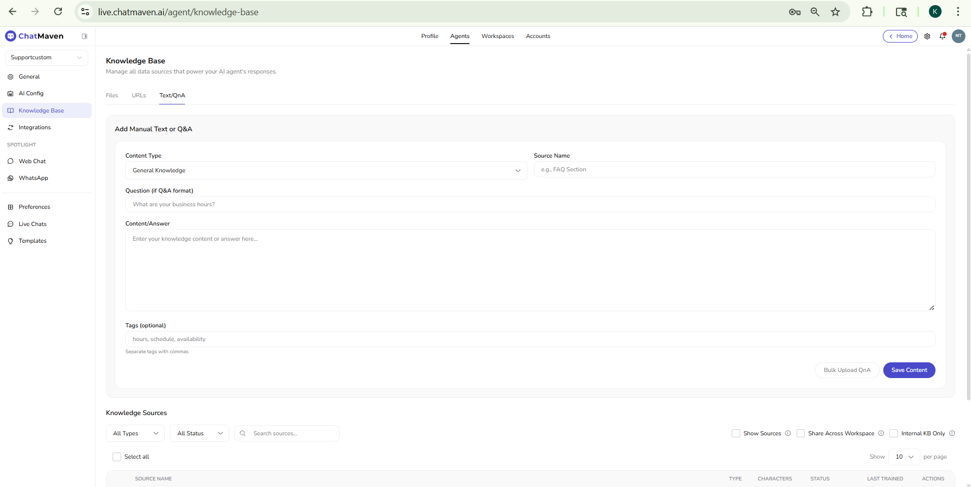 Knowledge Base Text/QnA tab with Add Manual Text or Q&amp;A form