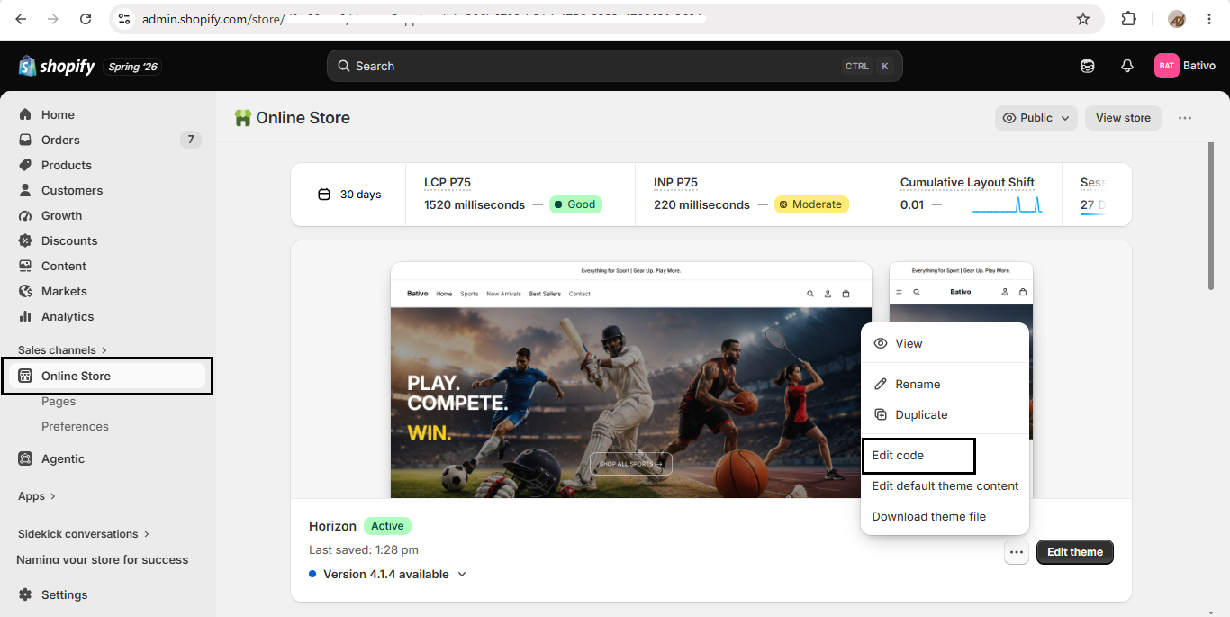 Step 2 — Online Store Themes Edit code