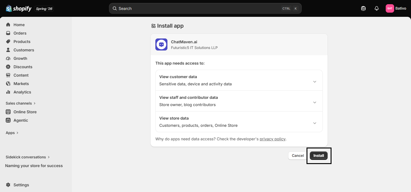 Step 4 — Install app permissions for ChatMaven.ai